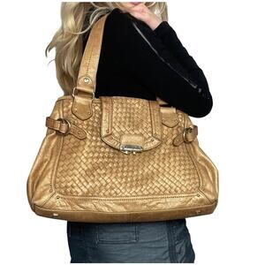 Elliott Lucca Metallic Bronze Woven Leather Purse Flip Lock Closure Shoulder Bag